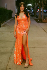 Orange V Neck Sequins Long Mermaid Prom Dresses TP1312