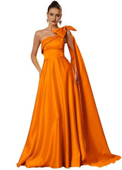 Wholesale One Shoulder Satin Prom Dresses with Bow Satin Bridesmiad Dress Split Long Formal Evening Gown