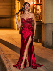 Strapless Sweetheart Beaded High Slit Backless Maxi Dress Burgundy