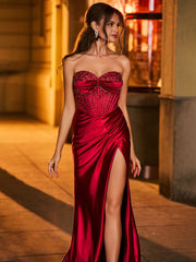 Strapless Sweetheart Beaded High Slit Backless Maxi Dress Burgundy