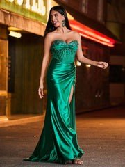 Strapless Sweetheart Beaded High Slit Backless Maxi Dress Dark Green