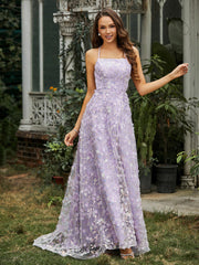 Square Neckline Sweep Train Floral Dress With Slit Lilac