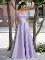 Satin A-Line Floor Length Dresses With Sheer Shawl Lavender