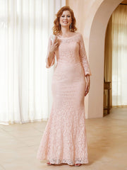 Scoop Neck Long Sleeves Lace Dress Pearl Pink