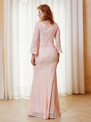 Scoop Neck Long Sleeves Lace Dress Pearl Pink