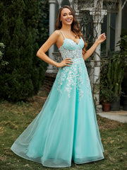 Sweetheart Appliqued Bodice Sweep Train Gown Mint Green