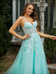 Sweetheart Appliqued Bodice Sweep Train Gown Mint Green