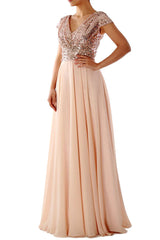 Short Sleeves V Neck Sequin Chiffon Bridesmaid Dress