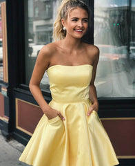 Yellow satin short prom dress party dress Homecoming Dress with Pockets P01015