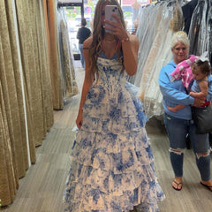 Vintage Blue Floral Prom Dress A-Line Tiered Evening Dress Long Formal Dress HZ1024