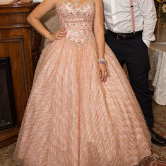 Vintage Pink Sequin Sweet 16 Quinceanera A-Line Strapless Floor-length Prom Dress Birthday Dress Evening Dress Ball Gown HZ1024