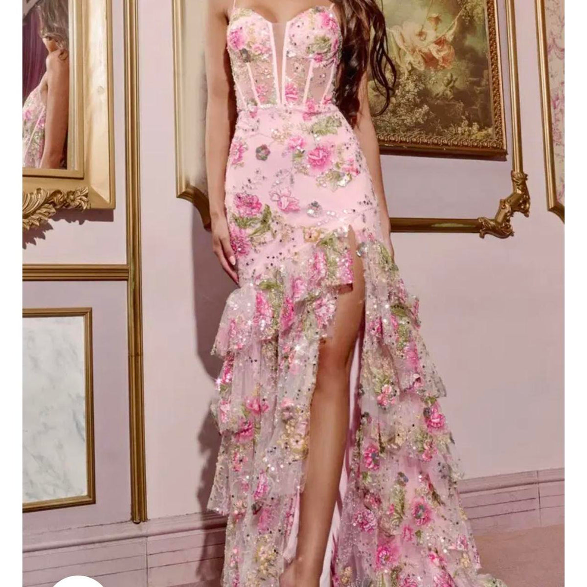 Vintage Pink Floral Sequin Prom Dress Spaghetti Strap Evening Dress Long Sheath Formal Dress HZ1024