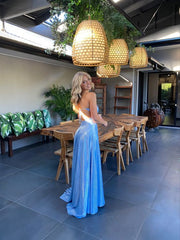 Sexy A line Backless Blue Slit Long Prom Dresses P1003