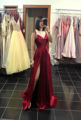 A line Straps Burgundy Satin Slit Long Prom Dresses P1024