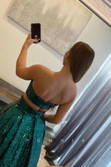 P1029 - Two Piece Strapless Full Sequins Pleats  Prom Party Formal Dress with Pockets