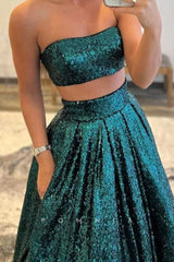 P1029 - Two Piece Strapless Full Sequins Pleats  Prom Party Formal Dress with Pockets