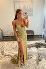 P1030 - Sexy Straps V-Neck Sequind Side Slit Long Prom Party Formal Dress