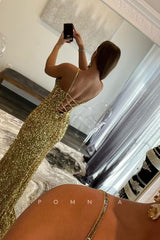 P1030 - Sexy Straps V-Neck Sequind Side Slit Long Prom Party Formal Dress