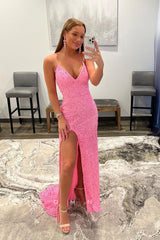P1030 - Sexy Straps V-Neck Sequind Side Slit Long Prom Party Formal Dress