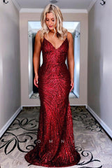 P1032 - Spaghetti Straps V-Neck Sequins Sleeveless Prom Formal Party Dress