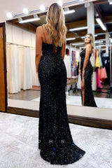 P1036 - Sheath/Column Straps V-Neck Sequins Prom Party Formal Dress with Slit