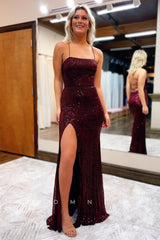 P1037 - Spaghetti Straps Scoop Side Slit Sequins Prom Party Formal Dress