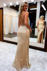P1037 - Spaghetti Straps Scoop Side Slit Sequins Prom Party Formal Dress