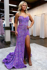 P1038 - Off-Shoulder Sweetheart Full Sequins Side Slit Mermaid Prom Party Formal Dress