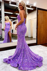 P1038 - Off-Shoulder Sweetheart Full Sequins Side Slit Mermaid Prom Party Formal Dress