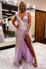 P1040 - Double Straps V-Neck Feathers Sequins High Slit Prom Party Formal Dress