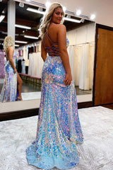 P1045 - Sparkly Straps V-Neck Side Slit Sleeveless Prom Party Formal Dress