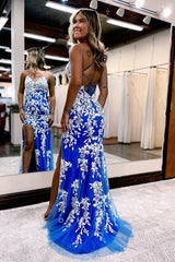 P1046 - Spaghetti Straps Lace Appliques Side Slit Prom Party Formal Dress