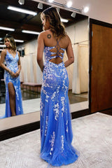P1047 - Charming Straps V-Neck Lace Appliques Side Slit Prom Party Formal Dress