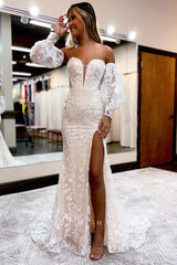 P1048 - Strapless Deep V-Neck Appliques High Slit Prom Party Formal Dress with Sleeves