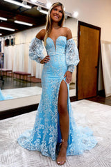 P1048 - Strapless Deep V-Neck Appliques High Slit Prom Party Formal Dress with Sleeves