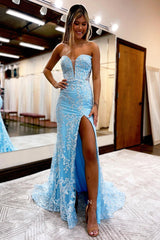 P1048 - Strapless Deep V-Neck Appliques High Slit Prom Party Formal Dress with Sleeves