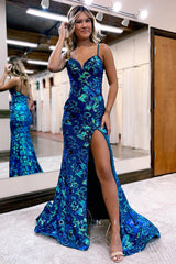 P1049 - Glamorous Straps Appliques Sleeveless High Slit Prom Party Formal Dress