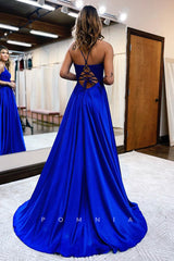 P1050 - A-Line Spaghetti Straps Pleated Side Slit Prom Party Formal Dress with Pockets