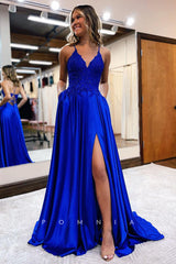 P1050 - A-Line Spaghetti Straps Pleated Side Slit Prom Party Formal Dress with Pockets