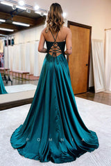 P1050 - A-Line Spaghetti Straps Pleated Side Slit Prom Party Formal Dress with Pockets