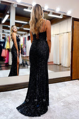 P1051 - Spaghetti Straps V-Neck Sequins Prom Party Formal Dress with Slit