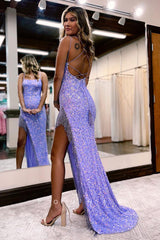 P1053 - Spaghetti Straps Beads Scoop Sequins Prom Party Formaal Dress with Slit