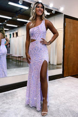 P1054 - One Shoulder Appliques Sleeveless High Slit Prom Party Formal Dress