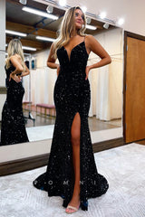 P1055 - Sparkly Deep V-Neck Straps Full Sequins Sleeveless Prom Party Formal Dress