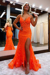 P1056 - Mermaid/Trumpet V-Neck Appliques High Slit Prom Formal Party Dress