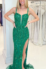 P1057 - Stunning Straps Deep V-Neck Appliques Side Slit Prom Party Formal Dress