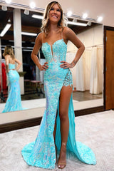 P1058 - Spaghetti Straps Low V-Neck Appliques High Slit Prom Party Formal Dress