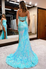 P1058 - Spaghetti Straps Low V-Neck Appliques High Slit Prom Party Formal Dress