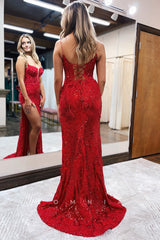 P1058 - Spaghetti Straps Low V-Neck Appliques High Slit Prom Party Formal Dress