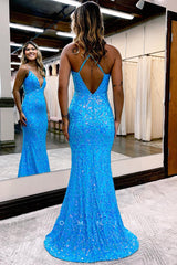 P1062 - Plunging V-Neck Straps Appliques Mermaid Party Formal Prom Dress